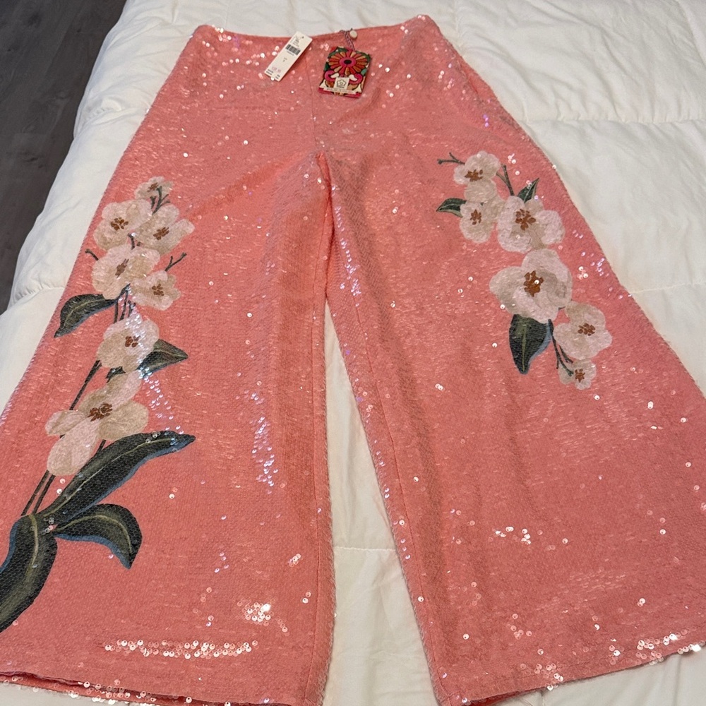 Farm Rio Pink Sequin Wide-Leg Pants with Floral Embroidery new with tags size S
